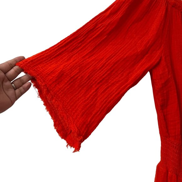 Michael Stars Red Fernanda Smocked Waist Off Shoulder Gauzy Dress Size Large - Picture 4 of 6